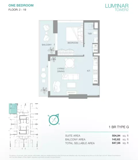 Floor plan, 1 Bed, 647 sq ft