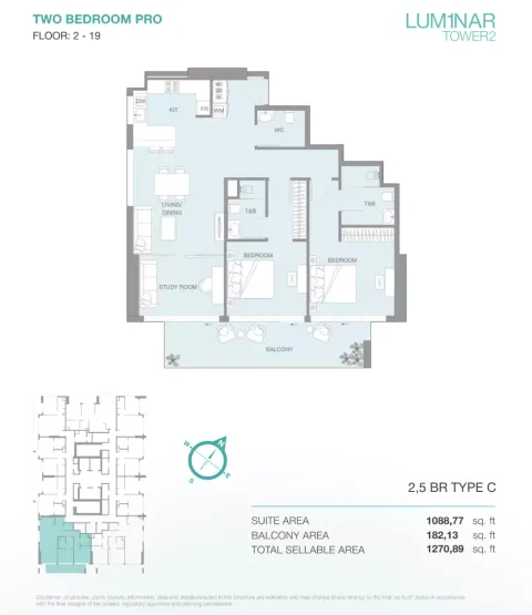 Floor plan, 3 Beds, 1,270 sq ft