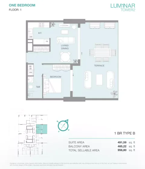 Floor plan, 1 Bed, 956 sq ft