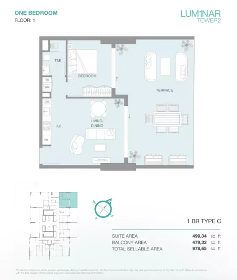 Floor plan, 1 Bed, 978 sq ft