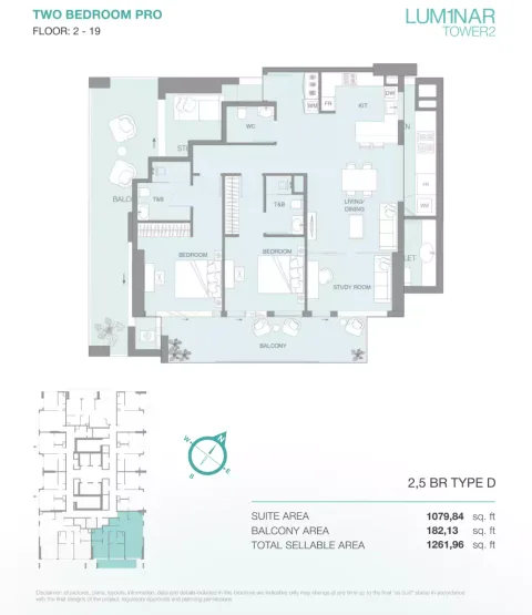 Floor plan, 3 Beds, 1,261 sq ft