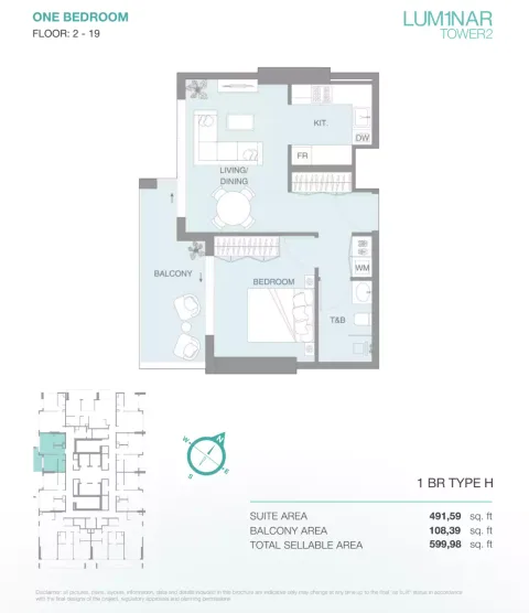 Floor plan, 1 Bed, 599 sq ft