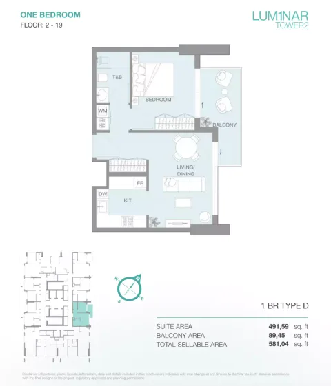 Floor plan, 1 Bed, 581 sq ft