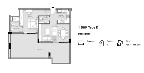 Floor plan, 1 Bed, 735 sq ft