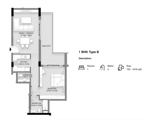 Floor plan, 1 Bed, 735 sq ft