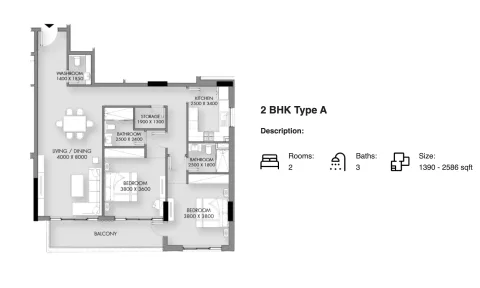 Floor plan, 2 Beds, 1,390 sq ft