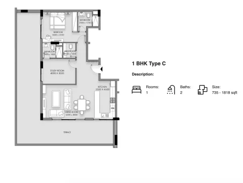 Floor plan, 1 Bed, 735 sq ft
