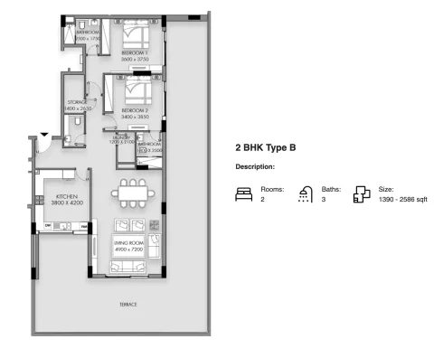 Floor plan, 2 Beds, 1,390 sq ft