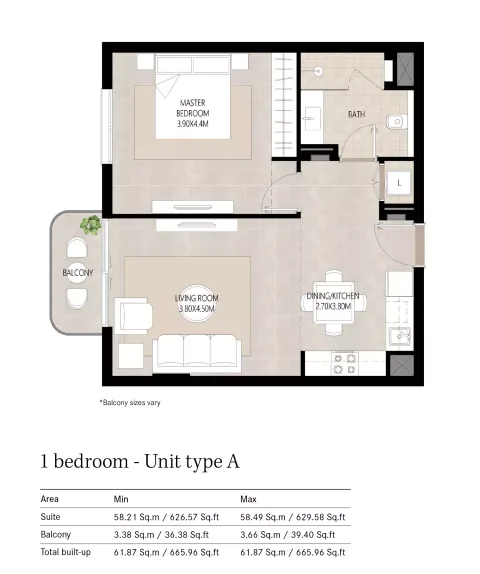 Floor plan, 1 Bed, 665 sq ft