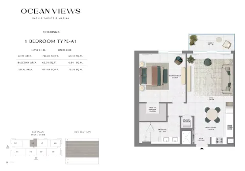 Floor plan, 1 Bed, 811 sq ft
