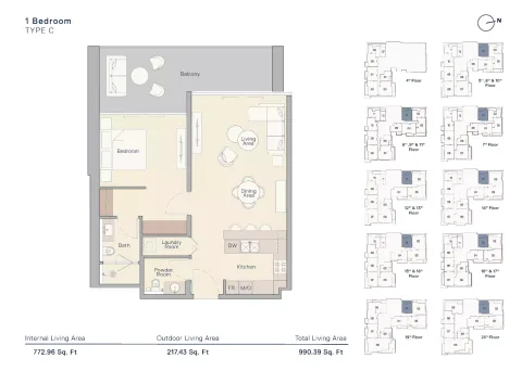 Floor plan, 1 Bed, 990 sq ft