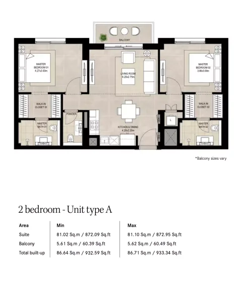 Floor plan, 2 Beds, 932 sq ft