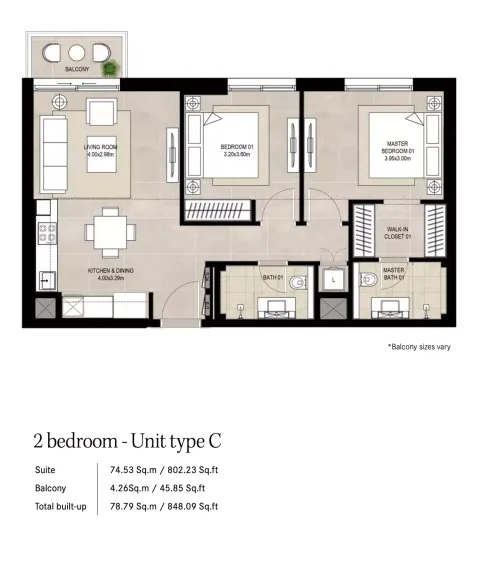 Floor plan, 2 Beds, 848 sq ft