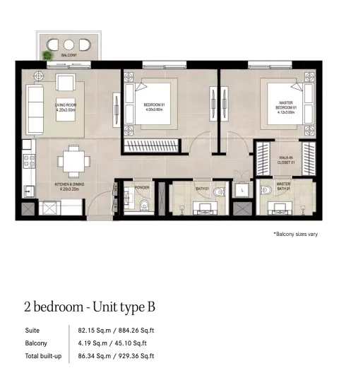 Floor plan, 2 Beds, 929 sq ft
