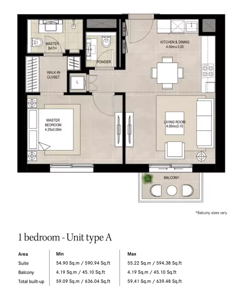 Floor plan, 1 Bed, 636 sq ft