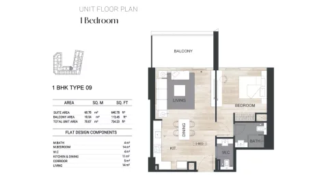 Floor plan, 1 Bed, 754 sq ft