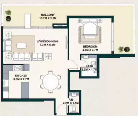 Floor plan, 1 Bed, 1,252 sq ft