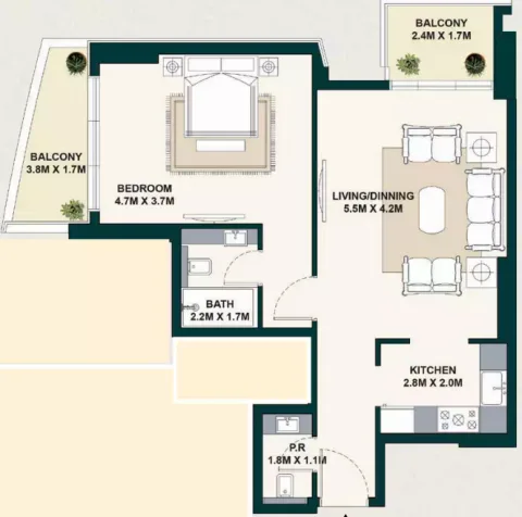 Floor plan, 1 Bed, 818 sq ft