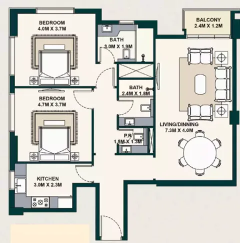 Floor plan, 2 Beds, 1,141 sq ft