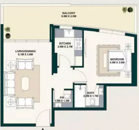 Floor plan, 1 Bed, 840 sq ft