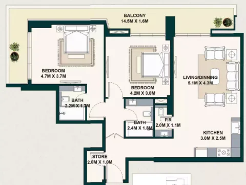 Floor plan, 2 Beds, 1,363 sq ft