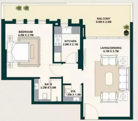 Floor plan, 1 Bed, 835 sq ft