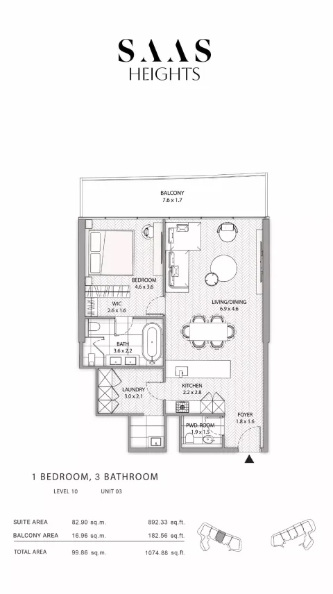Floor plan, 1 Bed, 1,074 sq ft