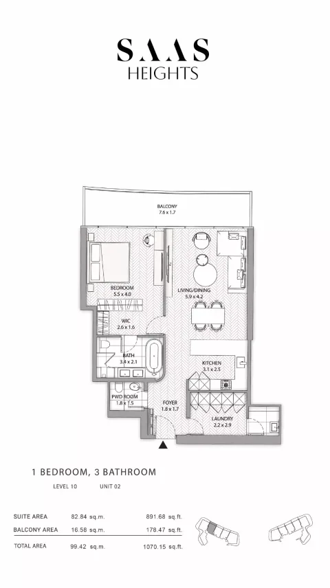 Floor plan, 1 Bed, 1,070 sq ft