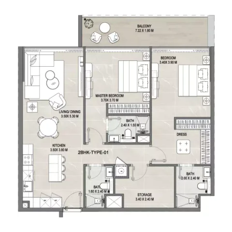 Floor plan, 2 Beds, 1,355 sq ft