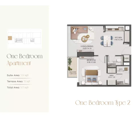 Floor plan, 1 Bed, 575 sq ft