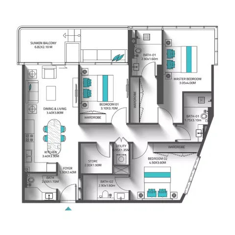 Floor plan, 3 Beds, 1,397 sq ft