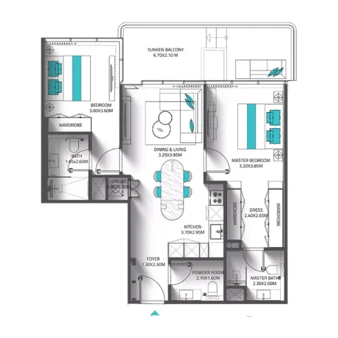 Floor plan, 2 Beds, 1,002 sq ft