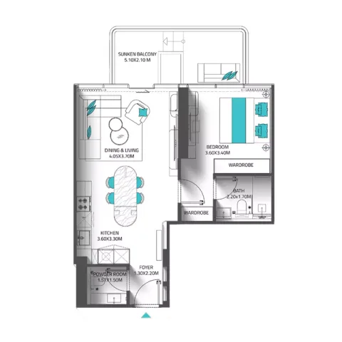 Floor plan, 1 Bed, 623 sq ft