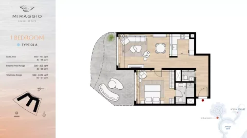 Floor plan, 1 Bed, 966 sq ft