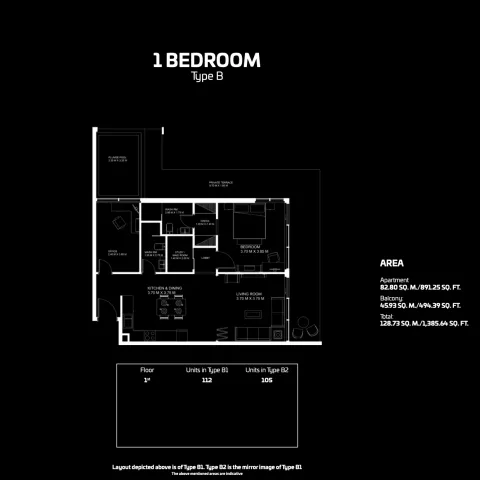 Floor plan, 1 Bed, 1,385 sq ft