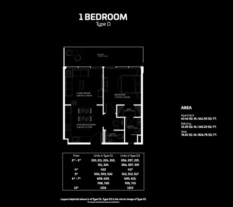 Floor plan, 1 Bed, 826 sq ft