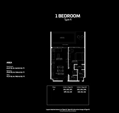 Floor plan, 1 Bed, 982 sq ft