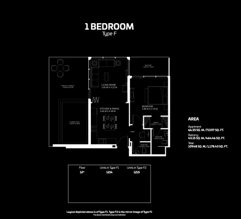 Floor plan, 1 Bed, 1,178 sq ft