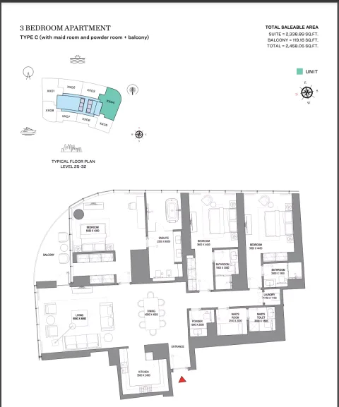 Floor plan, 3 Beds, 2,458 sq ft