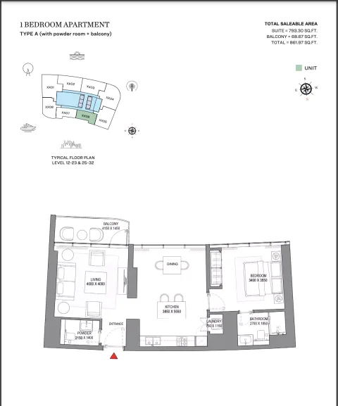Floor plan, 1 Bed, 861 sq ft