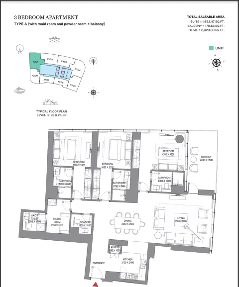 Floor plan, 3 Beds, 2,029 sq ft