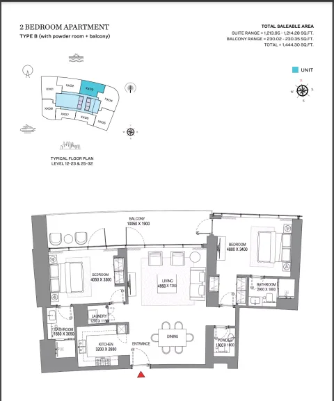Floor plan, 2 Beds, 1,444 sq ft