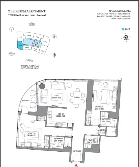 Floor plan, 2 Beds, 1,281 sq ft