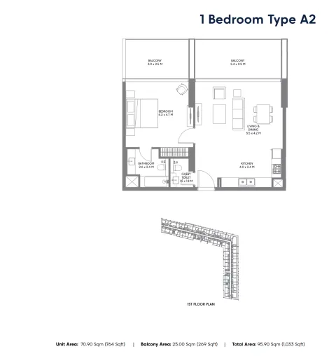 Floor plan, 1 Bed, 1,033 sq ft