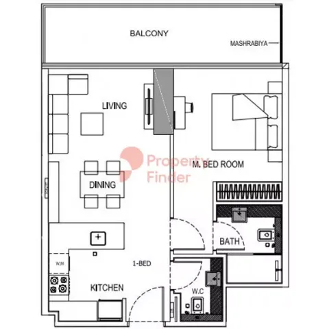 Floor plan, 1 Bed, 613 sq ft