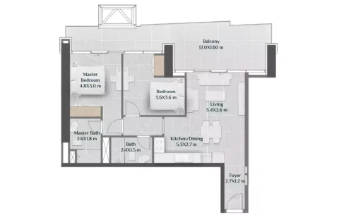 Floor plan, 2 Beds, 968 sq ft