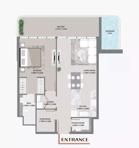 Floor plan, 1 Bed, 877 sq ft