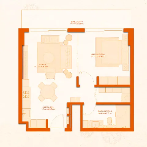 Floor plan, 1 Bed, 710 sq ft