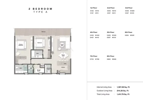 Floor plan, 2 Beds, 1,411 sq ft