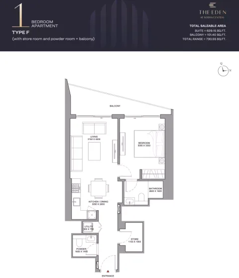 Floor plan, 1 Bed, 730 sq ft